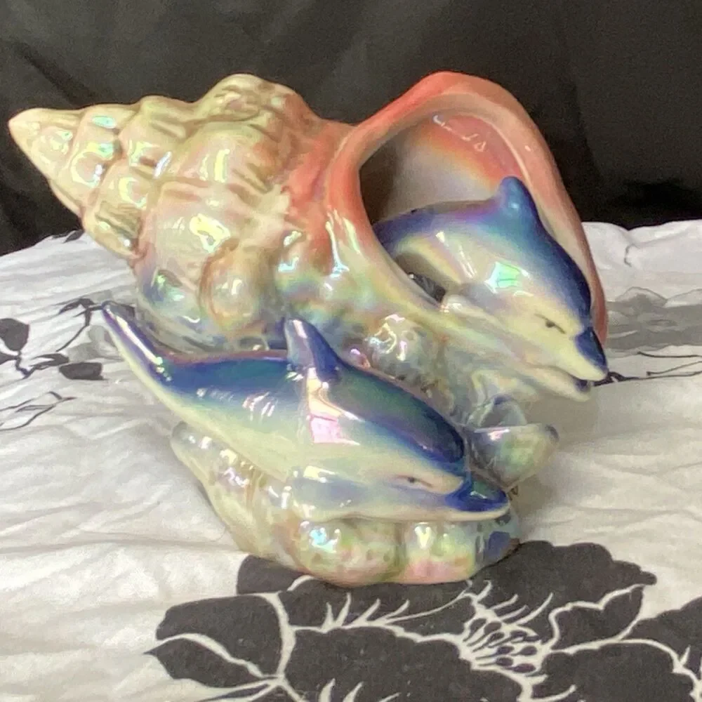 90’s Ceramic Dolphin Figurine with Iridescent Seashell Design Collectible